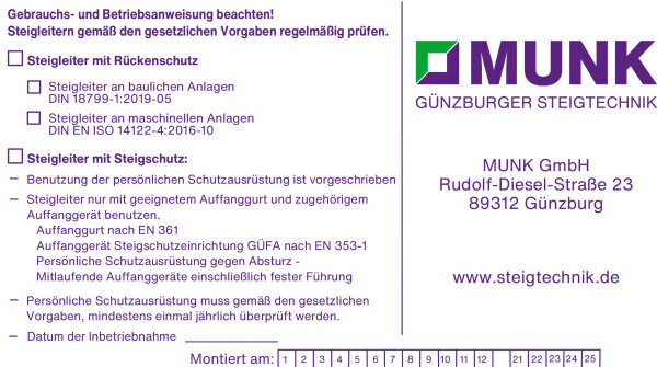 MUNK Günzburger Kennzeichnungsschild für Steigschutzeinrichtung f. Steigschutz
