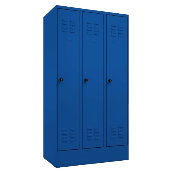 METAN Garderobenschrank 1800 x 1050 x 500 mm (HxBxT) mit Sockel, 3 Abteile, Tür- und Korpusfarbe RAL 5010 enzianblau