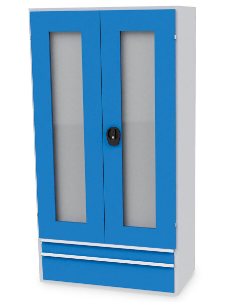 Bedrunka + Hirth CNC-Flügeltürenschrank mit Sichttüren R 36-16, Leergehäuse mit Sichttüren (Plexiglas), 2x Schubladen +300 (Schubladen), RAL 7035 / RAL 5012, 1838 x 980 x 500 mm (HxBxT)