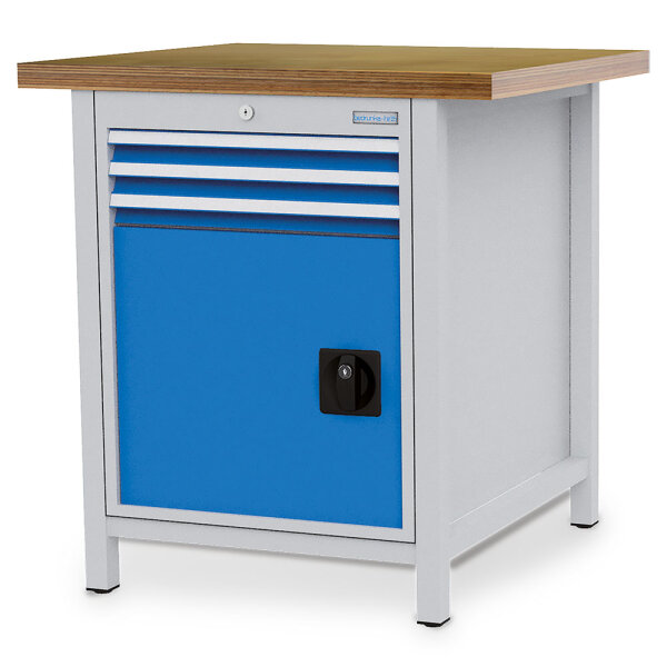 Bedrunka + Hirth Kastenwerkbank, Schubladenanzahl: 3, Anzahl Flügeltüren: 1, RAL 7035 / RAL 5012, 959 x 810 x 750 mm (HxBxT)