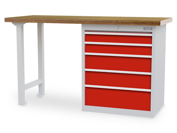Bedrunka + Hirth Reihenwerkbank, Schubladenanzahl: 5, RAL 7035 / RAL 3020, 859 x 1500 x 600 mm (HxBxT)