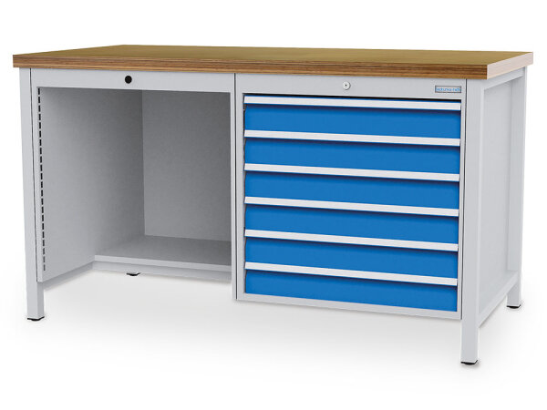 Bedrunka + Hirth Kastenwerkbank, Schubladenanzahl: 6, RAL 7035 / RAL 5012, 859 x 1500 x 750 mm (HxBxT)
