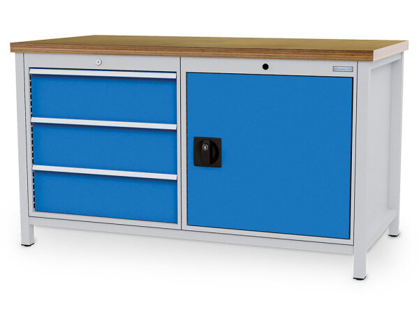 Bedrunka + Hirth Kastenwerkbank, Schubladenanzahl: 3, Anzahl Flügeltüren: 1, RAL 7035 / RAL 5012, 959 x 1500 x 750 mm (HxBxT)