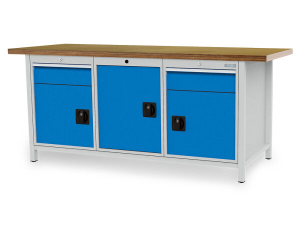 Bedrunka + Hirth Kastenwerkbank, Schubladenanzahl: 2, Anzahl Flügeltüren: 2, RAL 7035 / RAL 5012, 959 x 2000 x 750 mm (HxBxT)