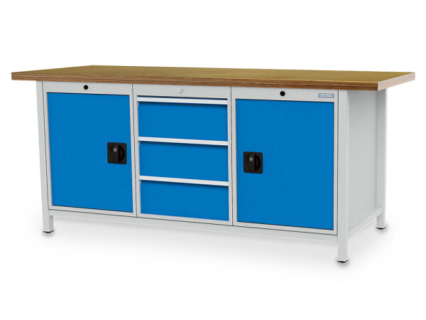 Bedrunka + Hirth Kastenwerkbank, Schubladenanzahl: 3, Anzahl Flügeltüren: 2, RAL 7035 / RAL 5012, 959 x 2000 x 750 mm (HxBxT)