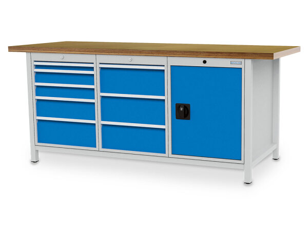 Bedrunka + Hirth Kastenwerkbank, Schubladenanzahl: 8, Anzahl Flügeltüren: 2, RAL 7035 / RAL 5012, 959 x 2000 x 750 mm (HxBxT)