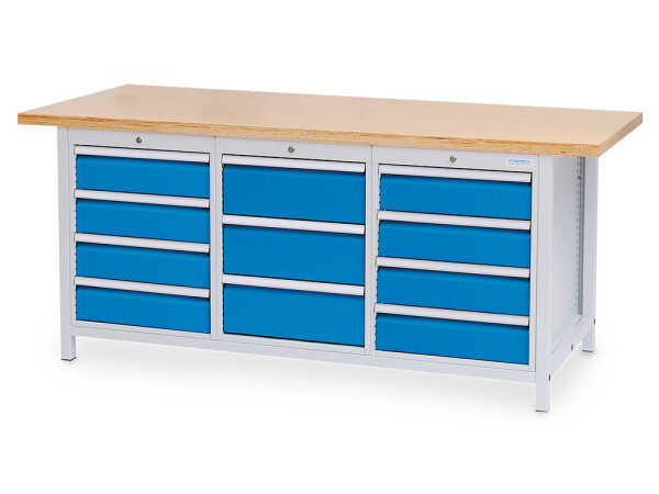 Bedrunka + Hirth Kastenwerkbank, Schubladenanzahl: 11, RAL 7035 / RAL 5012, 859 x 2000 x 750 mm (HxBxT)