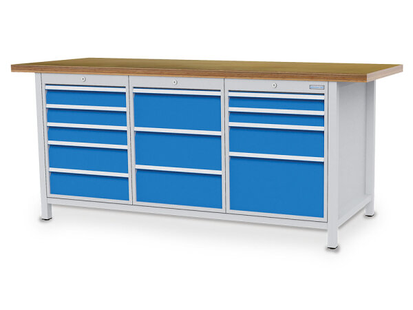 Bedrunka + Hirth Kastenwerkbank, Schubladenanzahl: 12, RAL 7035 / RAL 5012, 859 x 2000 x 750 mm (HxBxT)