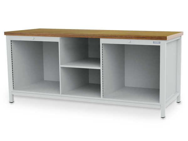Bedrunka + Hirth Kastenwerkbank mit 2 x Leergehäuse und Fachboden mittig mit Rückwand, RAL 7035, 959 x 2000 x 750 mm (HxBxT)