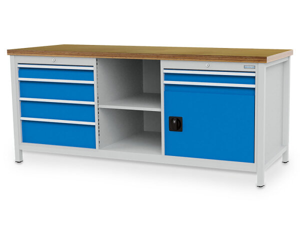 Bedrunka + Hirth Kastenwerkbank, Schubladenanzahl: 6, Anzahl Flügeltüren: 1, RAL 7035 / RAL 5012, 959 x 2000 x 750 mm (HxBxT)