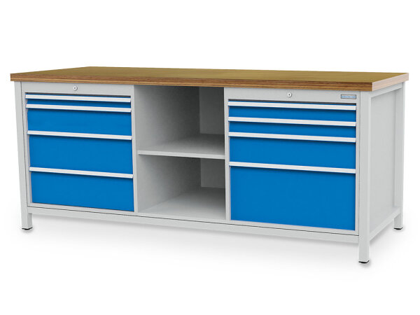 Bedrunka + Hirth Kastenwerkbank, Schubladenanzahl: 8, RAL 7035 / RAL 5012, 959 x 2000 x 750 mm (HxBxT)