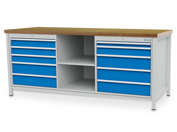 Bedrunka + Hirth Kastenwerkbank, Schubladenanzahl: 10, RAL 7035 / RAL 5012, 959 x 2000 x 750 mm (HxBxT)