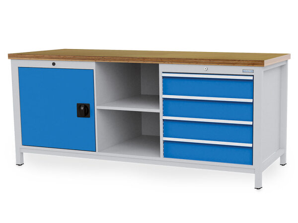 Bedrunka + Hirth Kastenwerkbank, Schubladenanzahl: 4, Anzahl Flügeltüren: 1, RAL 7035 / RAL 5012, 859 x 2000 x 750 mm (HxBxT)