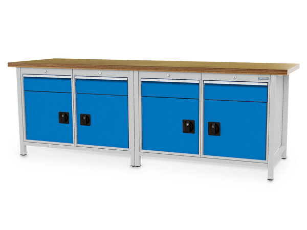 Bedrunka + Hirth Kastenwerkbank, Schubladenanzahl: 4, Anzahl Flügeltüren: 4, RAL 7035 / RAL 5012, 859 x 2500 x 750 mm (HxBxT)