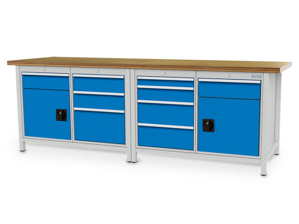 Bedrunka + Hirth Kastenwerkbank, Schubladenanzahl: 9, Anzahl Flügeltüren: 2, RAL 7035 / RAL 5012, 959 x 2500 x 750 mm (HxBxT)