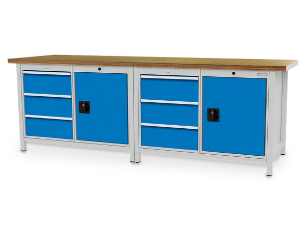Bedrunka + Hirth Kastenwerkbank, Schubladenanzahl: 6, Anzahl Flügeltüren: 2, RAL 7035 / RAL 5012, 959 x 2500 x 750 mm (HxBxT)