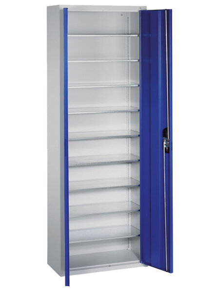 Bedrunka + Hirth Schrank mit Sichtlagerkästen, 9x Fachboden, RAL 7035 / RAL 5012, 1980 x 700 x 300 mm (HxBxT)