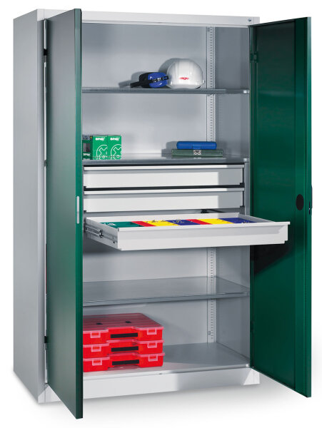 Bedrunka + Hirth Schwerlastschrank mit mittigem Schubladenblock, 3 x Verstellbare, verzinkte Fachböden, RAL 7035 / RAL 6011, 1950 x 930 x 500 mm (HxBxT)