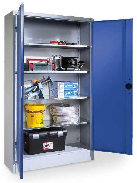 Bedrunka + Hirth Schwerlastschrank mit Flügeltüren, 4 x Verstellbare, verzinkte Fachböden, RAL 7035 / RAL 5010, 1950 x 930 x 800 mm (HxBxT)