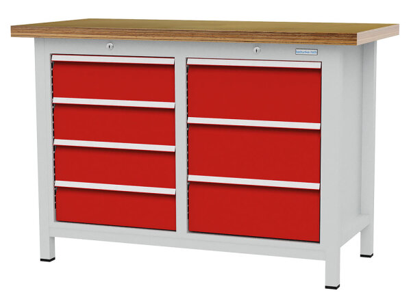 Bedrunka + Hirth Kastenwerkbank, Tiefe 600 mm, R 18-16, Schubladenanzahl: 7, RAL 7035 / RAL 5012, 859 x 1250 x 600 mm (HxBxT)