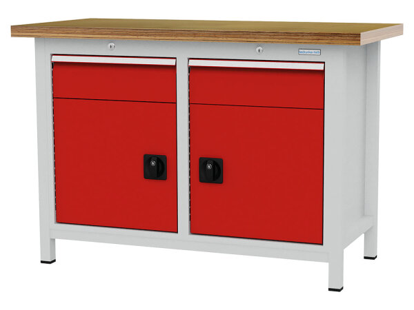 Bedrunka + Hirth Kastenwerkbank, Tiefe 600 mm, R 18-16, Schubladenanzahl: 2, 2 x Flügeltüren, RAL 7035 / RAL 5012, 859 x 1250 x 600 mm (HxBxT)