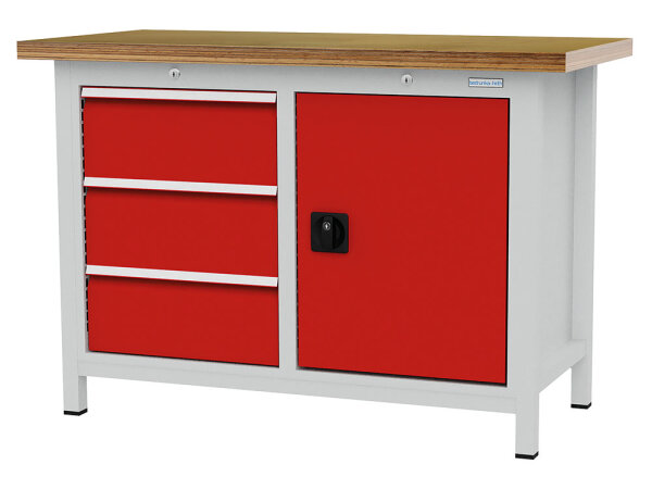 Bedrunka + Hirth Kastenwerkbank, Tiefe 600 mm, R 18-16, Schubladenanzahl: 3, 1 x Flügeltüren, 1x Fachboden, RAL 7035 / RAL 5012, 859 x 1250 x 600 mm (HxBxT)