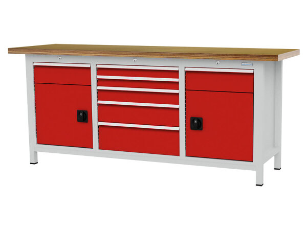 Bedrunka + Hirth Kastenwerkbank, Tiefe 600 mm R 18-16 und, Schubladenanzahl:7 , Amzahl Flügeltüre: 2, RAL 7035 / RAL 5012, 859 x 2000 x 600 mm (HxBxT)