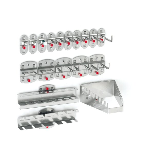 ®RasterPlan Werkzeughalter-Sortiment 18-teilig Alufarben 5 Werkzeughalter schräges Hakenende, 2 Werkzeughalter senkrechtes Hakenende, 3 Doppelte Werkzeughalter senkrechtes Hakenende, 3 Werkzeugklemmen 2 Zangenhalter, 1 Bohrerhalter 1 Schraubenschlüsselhal