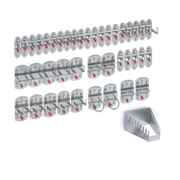 ®RasterPlan Werkzeughalter-Sortiment 42-teilig Alufarben 5 Werkzeughalter schräges Hakenende, 10 Werkzeughalter senkrechtes Hakenende, 10 Doppelte Werkzeughalter senkrechtes Hakenende, 10 Werkzeugklemmen 2 Maschinenhalter, 4 Zangenhalter 1 Schraubenschlüs