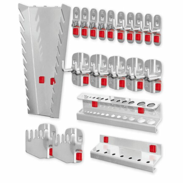 ®RasterPlan/ABAX® Werkzeughalter-Sortiment 20-teilig Alufarben 5 Werkzeughalter senkrechtes Hakenende, 5 Doppelte Werkzeughalter senkrechtes Hakenende, 5 Werkzeugklemmen 2 Sägenhalter 1 Bithalter, 1 Bohrerhalter 1 Schraubenschlüsselhalter senkrecht