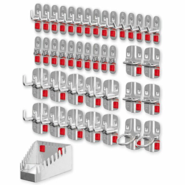 ®RasterPlan/ABAX Werkzeughalter-Sortiment 42-teilig alufarben. 5 Werkzeughalter mit schrägem Ende,10 Werkzeughalter mit senkr. Ende 10 Doppelte Werkzeughalter,10 Werkzeugklemmen 2 Maschinenhalter 4 Zangenhalter 1 Schraubenschlüsselhalter.