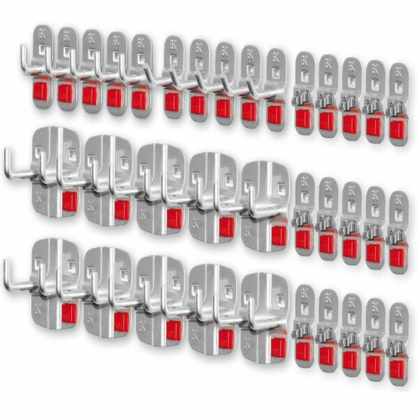 ®RasterPlan/ABAX Werkzeughalter-Sortiment 35-teilig alufarben. 5 Werkzeughalter mit schrägem Ende   5 Werkzeughalter mit senkr. Ende 10 Doppelter Werkzeughalter 15 Werkzeugklemmen.