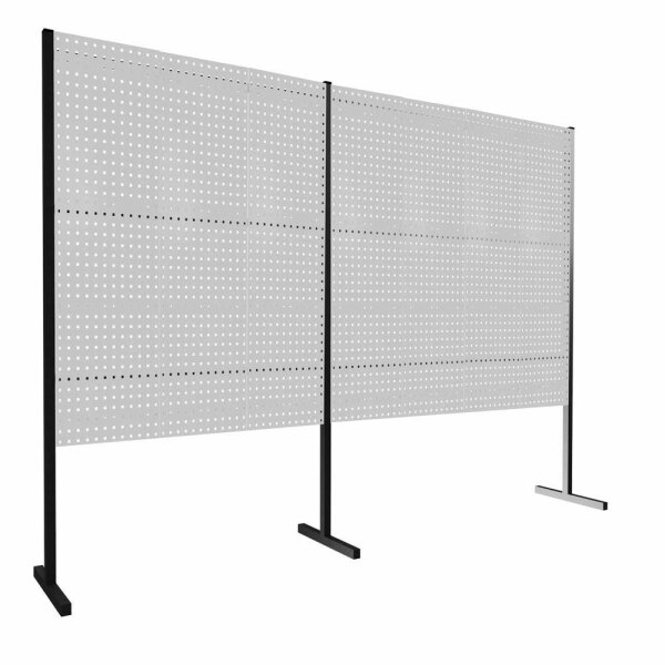 ®RasterPlan Trennwand Doppelfeld 180° L1500 / 2000 mm H1500 mm RAL 7035. Mit 7 ®RasterPlan Lochplatten.