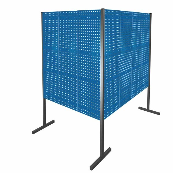 ®RasterPlan Trennwand Doppelfeld 90° L1500 / 2000 mm H1500 mm RAL 5010. Mit 7 ®RasterPlan Lochplatten.
