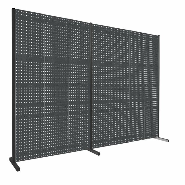 ®RasterPlan Trennwand Doppelfeld 180° L1500 / 2000 mm H2000 mm RAL 7016. Mit 7 ®RasterPlan Lochplatten.