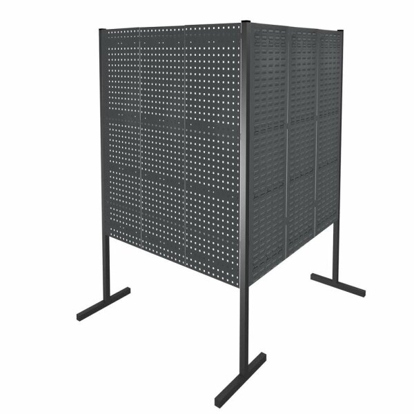 ®RasterPlan Trennwand Doppelfeld 90° 1500 / 1500 mm H1500 mm RAL 7016. Mit 4 ®RasterPlan Lochplatten 2 ®RasterPlan Schlitzplatten.