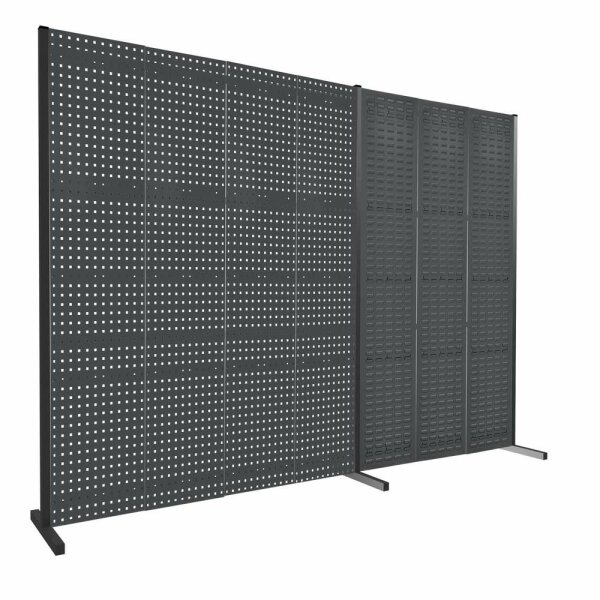 ®RasterPlan Trennwand Doppelfeld 180° 1500 / 2000 mm H2000 mm RAL 7016. Mit 4 ®RasterPlan Lochplatten 3 ®RasterPlan Schlitzplatten.