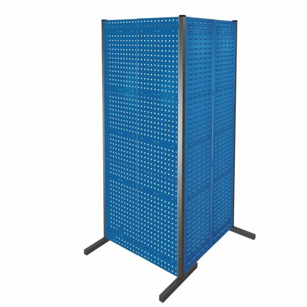 ®RasterPlan Trennwand Doppelfeld 90° 1000 / 1000 mm H2000 mm RAL 5010. Mit 2 ®RasterPlan Lochplatten 2 ®RasterPlan Schlitzplatten.