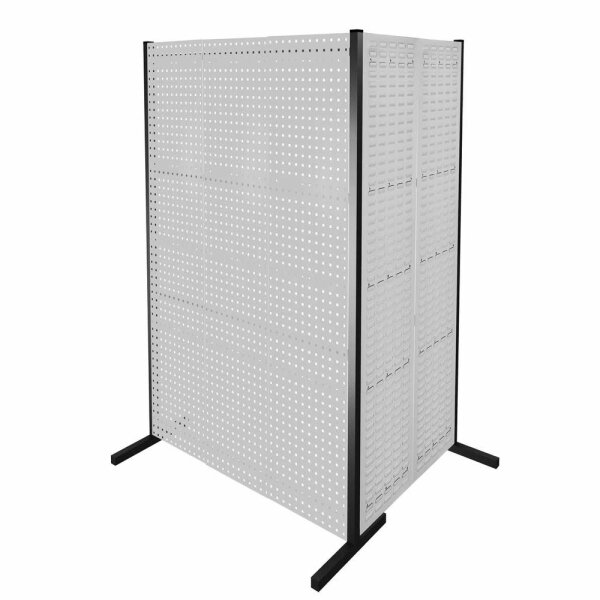 ®RasterPlan Trennwand Doppelfeld 90° 1000 / 1500 mm H2000 mm RAL 7035. Mit 3 ®RasterPlan Lochplatten 2 ®RasterPlan Schlitzplatten.
