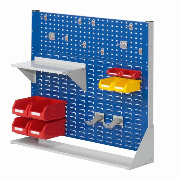 ®RasterPlan Stellwand Gr. 3 einseitig H1100 x B1000 x T240 mm RAL 7035/5010.  1 x Werkzeughaltersortiment 10-teilig,1 x Stahlboden 450 mm 2 x Dornträger 4 x Lagersichtkästen Größe 6 2 x Lagersichtkästen Größe 7 2 x Lagersichtkästen Größe 8.
