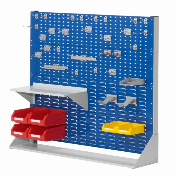 ®RasterPlan Stellwand Gr.4 einseitig H1450 x B1000 x T240 mm RAL 7035/5010.  1 x Werkzeughaltersortiment 28-teilig 1 x Stahlboden 450 mm 2 x Dornträger 4 x Lagersichtkästen Größe 6 2 x Lagersichtkästen Größe 7.