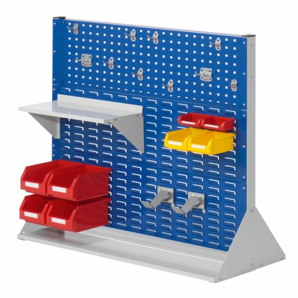 ®RasterPlan Stellwand Gr. 3 doppelseitig H1100 x B1000 x T430 mm RAL 7035/5010.  1 x Werkzeughaltersortiment 10-teilig 1 x Stahlboden 450 mm 2 x Dornträger 4 x Lagersichtkästen Größe 6 2 x Lagersichtkästen Größe 7 2 x Lagersichtkästen Größe 8.