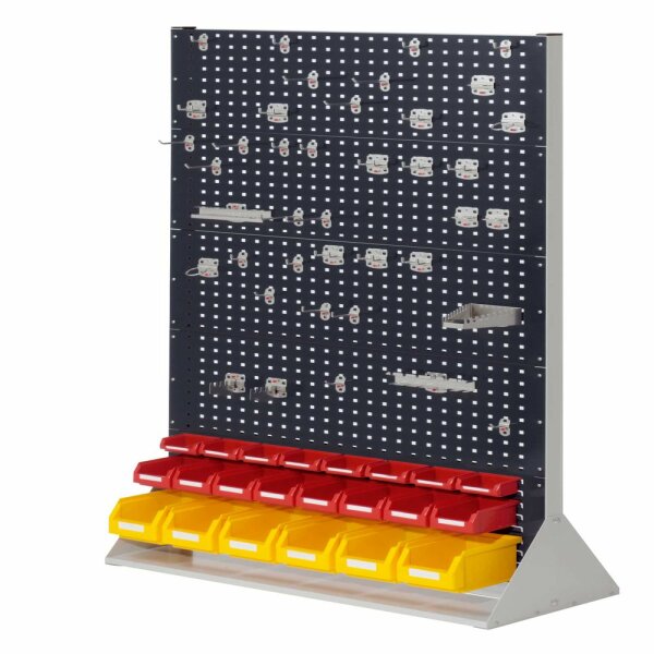®RasterPlan Stellwand Gr.5 doppelseitig H1790 x B1000 x T430 mm RAL 7035/7016.  1 x Werkzeughaltersortiment 40-teilig 1 x Formularhalter A4 1 x Stahlboden 950 mm 2 x Dornträger 1 x Rohrträger 1 x Universalhalter 9 x Lagersichtkästen Größe 7.