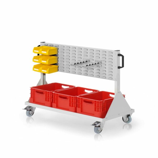RasterMobil Gr. 2 RAL 7035 H890 x B1000 x T500 mm. 2 x Wellenträger 6 x Lagersichtkästen Größe 7 3 x Transportbehälter 400 x 300 x H 220 mm.