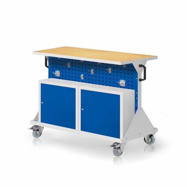 RasterMobil Gr. 2 RAL 7035/5010 H 930 x B 1000 x T 500 mm. 1 x Auflageboden aus Stahlblech inkl. 30 mm starker Multiplex-Werkbankplatte  1 x Werkzeughaltersort. 10-teilig 2 x Einhängeschränke.
