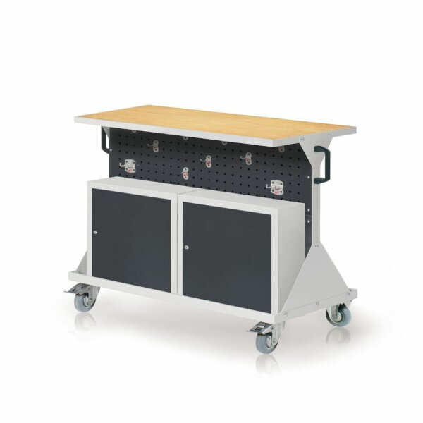 RasterMobil Gr. 2 RAL 7035/7016 H 930 x B 1000 x T 500 mm. 1 x Auflageboden aus Stahlblech inkl. 30 mm starker Multiplex-Werkbankplatte  1 x Werkzeughaltersort. 10-teilig 2 x Einhängeschränke.