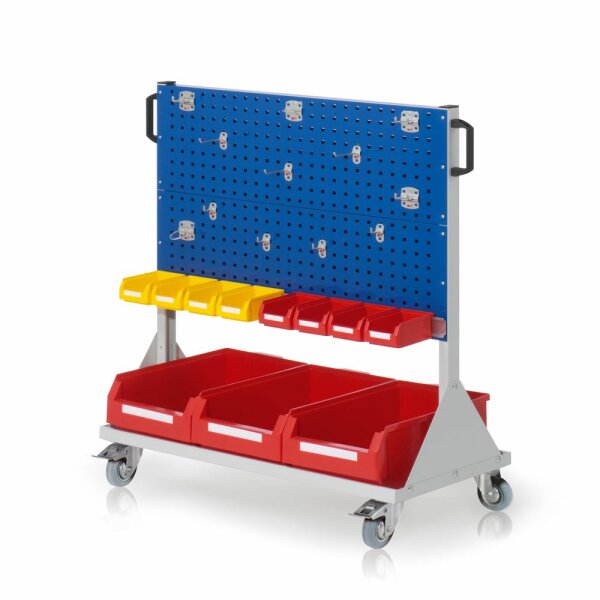 RasterMobil Gr. 3 RAL 7035/5010 H1230 x B1000 x T500 mm. 1 x Werkzeughaltersortiment 12-teilig 1 x Lagersichtkastenhalter 990 mm 3 x Lagersichtkästen Größe 2 8 x Lagersichtkästen Größe 7.