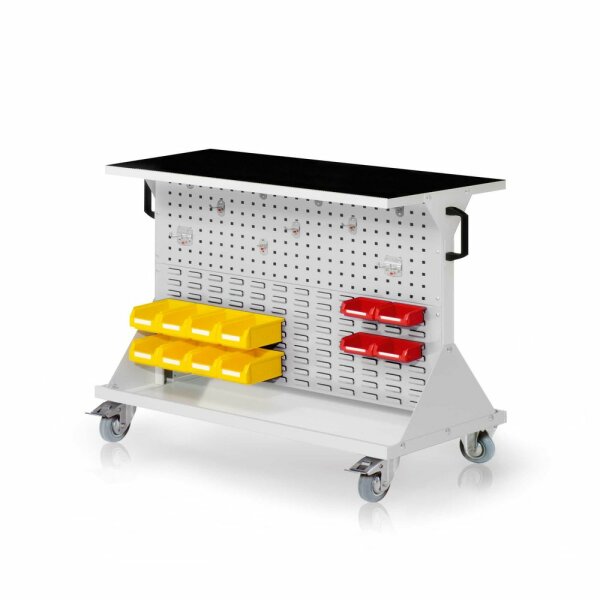 RasterMobil Gr. 2 RAL 7035 H 930 x B 1000 x T 500 mm. 1 x Auflageboden aus Stahlblech inkl. Riffelgummimatte 1 x Werkzeughaltersort. 10-teilig 8 x Lagersichtkästen Größe 7 4 x Lagersichtkästen Größe 8.