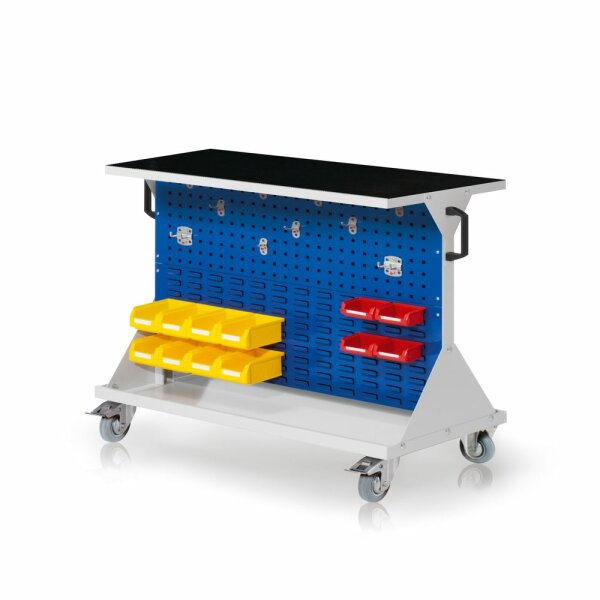 RasterMobil Gr. 2 RAL 7035/5010 H 930 x B 1000 x T 500 mm. 1 x Auflageboden aus Stahlblech inkl. Riffelgummimatte 1 x Werkzeughaltersort. 10-teilig 8 x Lagersichtkästen Größe 7 4 x Lagersichtkästen Größe 8.