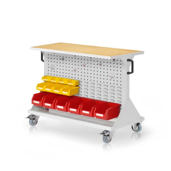 RasterMobil Gr. 2 RAL 7035 H 930 x B 1000 x T 500 mm. 1 x Auflageboden aus Stahlblech inkl. 30 mm starker Multiplex-Werkbankplatte 1 x Werkzeughaltersort. 10-teilig 6 x Lagersichtkästen Größe 6 4 x Lagersichtkästen Größe 7 4 x Lagersichtkästen Größe